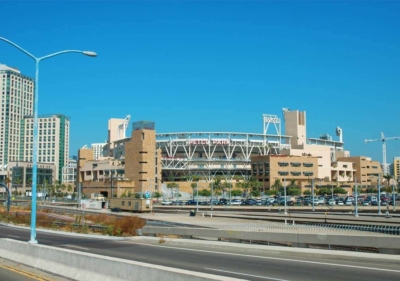 Exterior of Petco Park adjacent to the highway system in Downtown San Diego