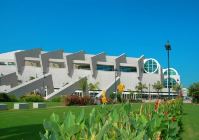 Outside the San Diego Convention Center with its adjacent carefully manicured lawn