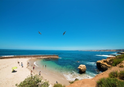 Wide view of La Jolla Cove in San Diego surrounded by a curved stretch of seawall on one side and rocky cliffs on the other