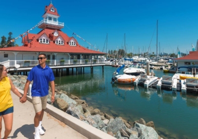 Image of San Diego marina and couple walking