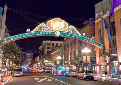 Image of Gaslamp District sign at night in San Diego