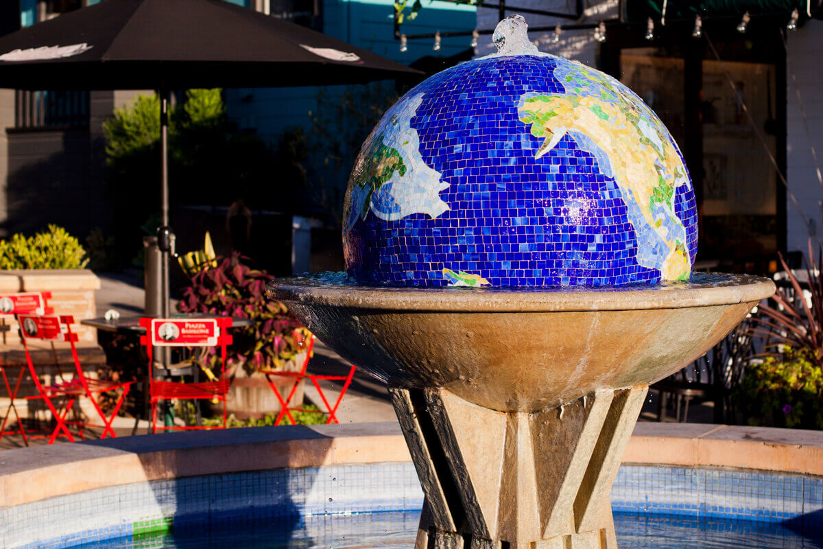 mosaic globe structure at Little Italy San Diego