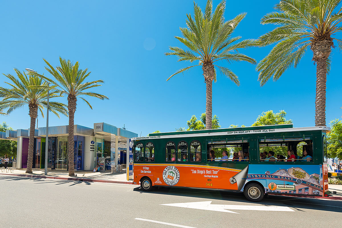 San Diego Old Town Trolley driving past Visitor Center