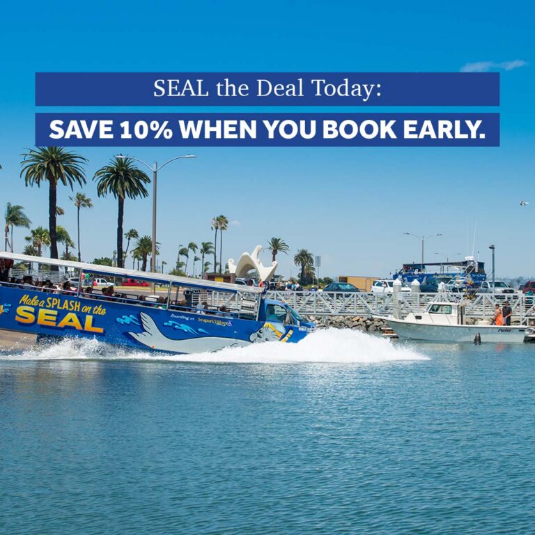 Image of SEAL tour splashing into harbor and the words SEAL the Deal Today: Save 10% Off When You Book Early.